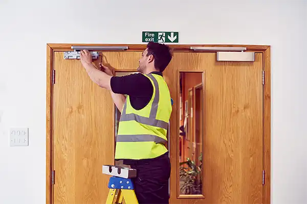 Technician installing fire door closer on double doors in Newcastle building