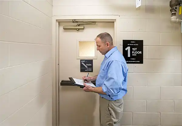 Fire safety inspector writing notes on clipboard beside stairwell door Central Coast